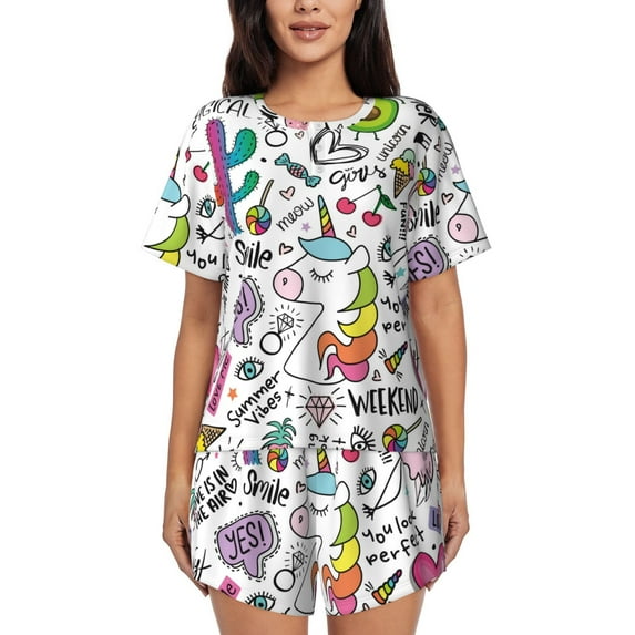 Fuzoiu Fun Animal with Unicorn Print Women's Short-Sleeved Pajama Set,Lounge Sleepwear Set,Womens Pajama Sets 2 Piece,Button-Up Top and Shorts with Pockets-XX-Large