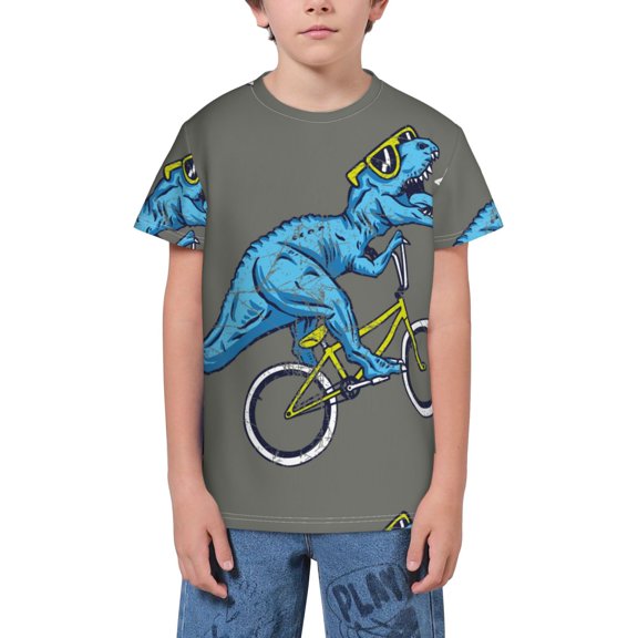 Fuzoiu Fun Riding Dinosaur Print Youth Short Sleeve T-Shirt,Youth Dry-Fit Active Athletic T-Shirt,Short Sleeve Tops Tees for School, Sports, and Casual Wear