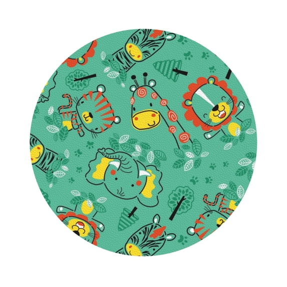 Fuzoiu Funny Animals in Jungle Print Leather Coasters Set,Drink Coasters Set of 6,for Tabletop Protection, Durable PVC Coasters,Home Décor and Housewarming Gift,Round Shape