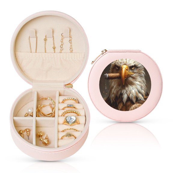 Fuzoiu Funny Bald Eagle Print Portable Jewelry Box,Round Mini Leather Travel Jewelry Case,Small Travel Jewelry Organizer,Jewelry Holder for Ring Necklace Earring for Women Girls-Pink