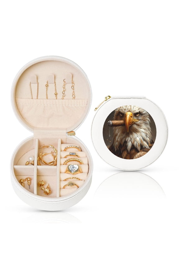 Funny Bald Eagle Print Portable Jewelry Box,Round Mini Leather Travel Jewelry Case,Small Travel Jewelry Organizer,Jewelry Holder for Ring Necklace Earring for Women Girls-White