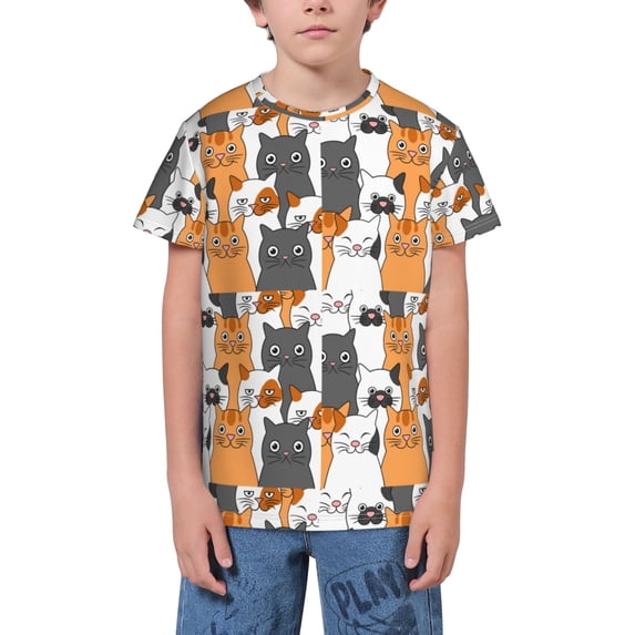 Fuzoiu Funny Cats Print Youth Short Sleeve T-Shirt,Youth Dry-Fit Active Athletic T-Shirt,Short Sleeve Tops Tees for School, Sports, and Casual Wear