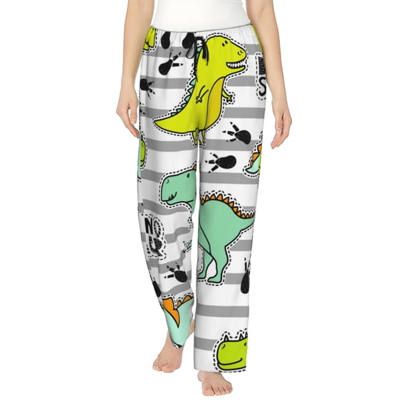 Fuzoiu Funny Dinosaurs on Stripes Print Women's Pajama Pants,Lounge Pants with Drawstring and Pockets, Casual Pjs Sleep Bottoms, Women's Sleep Pants-Large