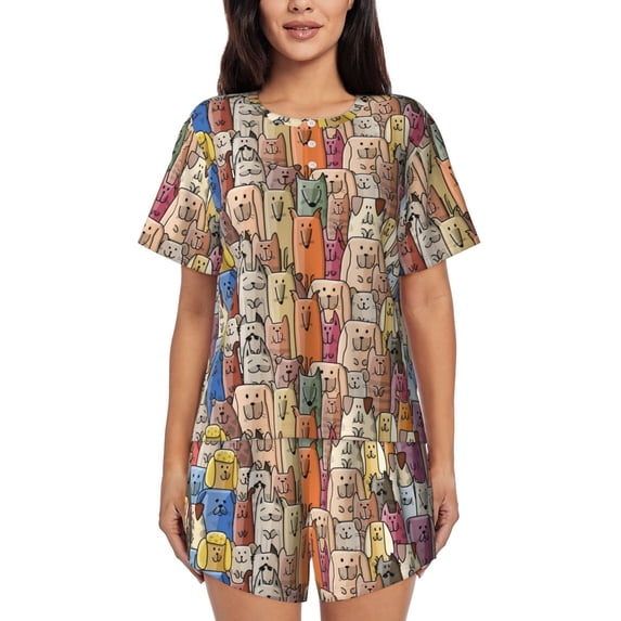 Fuzoiu Funny Dogs Family Print Women's Short-Sleeved Pajama Set,Lounge Sleepwear Set,Womens Pajama Sets 2 Piece,Button-Up Top and Shorts with Pockets-3X-Large