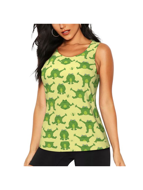 Funny Frogs Print Women's Workout Tank Top,Athletic Racerback Sports Tank,Tops Sleeveless Running Loose Fit Yoga Tops,Active Shirts for Yoga, Running, and Gym-Large