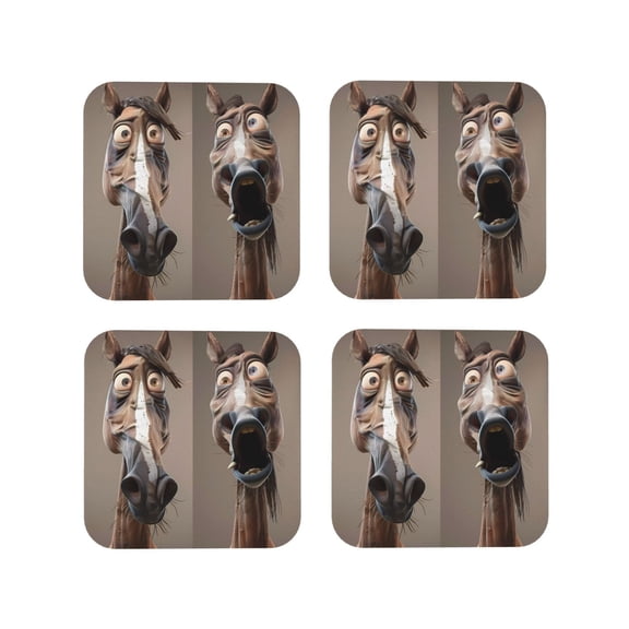 Fuzoiu Funny Horse Faces Expressions Print Leather Coasters Set,Drink Coasters Set of 4,for Tabletop Protection, Durable PVC Coasters,Home Décor and Housewarming Gift-Square