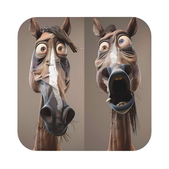 Fuzoiu Funny Horse Faces Expressions Print Leather Coasters Set,Drink Coasters Set of 6,for Tabletop Protection, Durable PVC Coasters,Home Décor and Housewarming Gift,Square