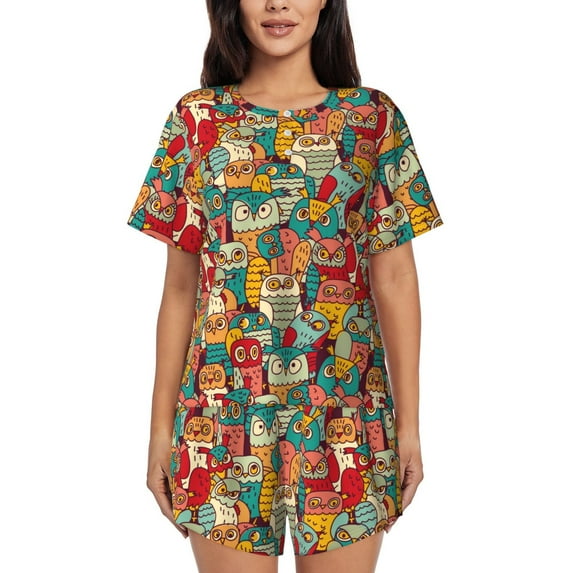 Fuzoiu Funny Owl Bird Print Women's Short-Sleeved Pajama Set,Lounge Sleepwear Set,Womens Pajama Sets 2 Piece,Button-Up Top and Shorts with Pockets-Large