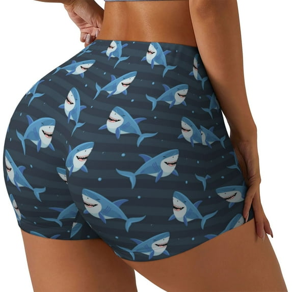 Fuzoiu Funny Sharks Print Women's Workout Shorts,Workout Biker Shorts Women,Exercise Fitness Shorts,Scrunch Short, Athletic Shorts for Gym Yoga Running Sport Active-Small