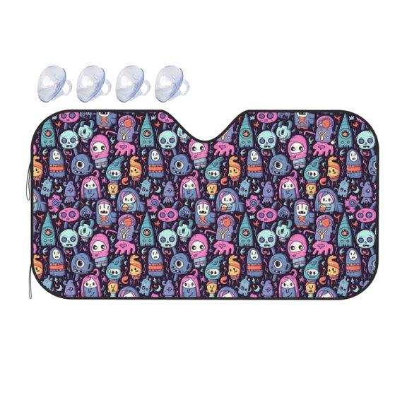 Fuzoiu Funny colorful skull ghost Print Car Windshield Sunshade,Foldable Reflective Sun Visor,Windshield Sun Shade,UV Rays Sun Visor Shade,Auto Front Sun Shield Shade-Medium