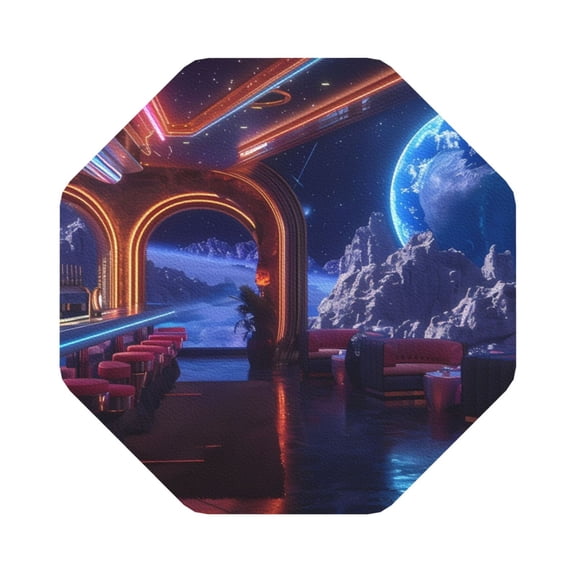 Fuzoiu Futuristic Bar Space View Print Leather Coasters Set,Drink Coasters Set of 6,for Tabletop Protection, Durable PVC Coasters,Home Décor and Housewarming Gift,Octagon