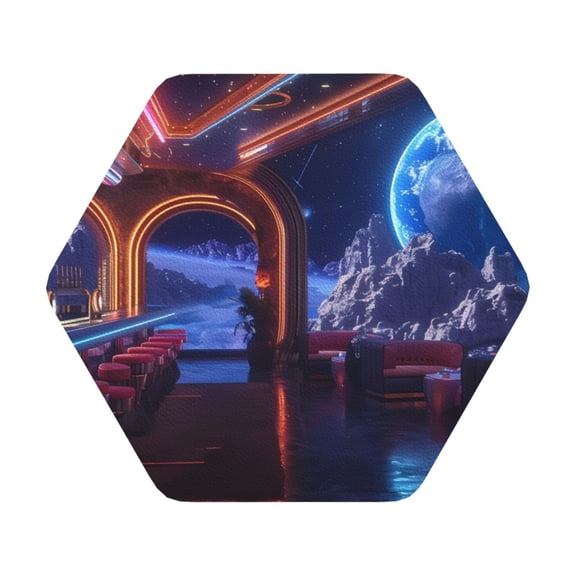Fuzoiu Futuristic Bar Space View Print Leather Coasters Set,Drink Coasters Set of 6,for Tabletop Protection, Durable PVC Coasters,Home Décor and Housewarming Gift,Hexagon