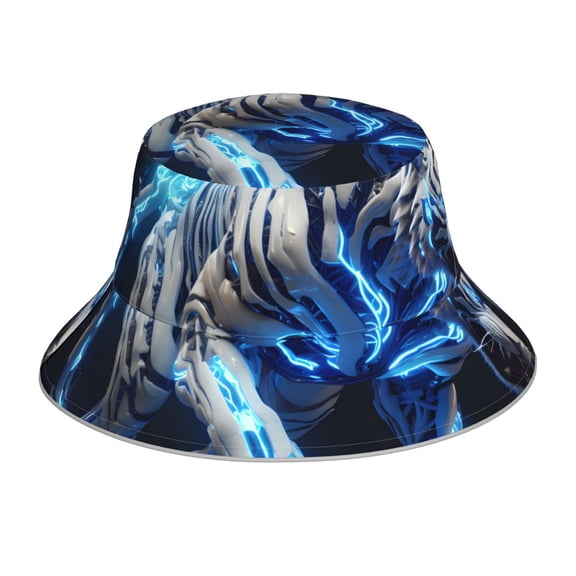 Fuzoiu Futuristic Blue Light White Tiger Print Reflective Bucket Hat,Outdoor Hat for Men and Women,Bucket Hat for Travel Fishing Hunting Summer Camp