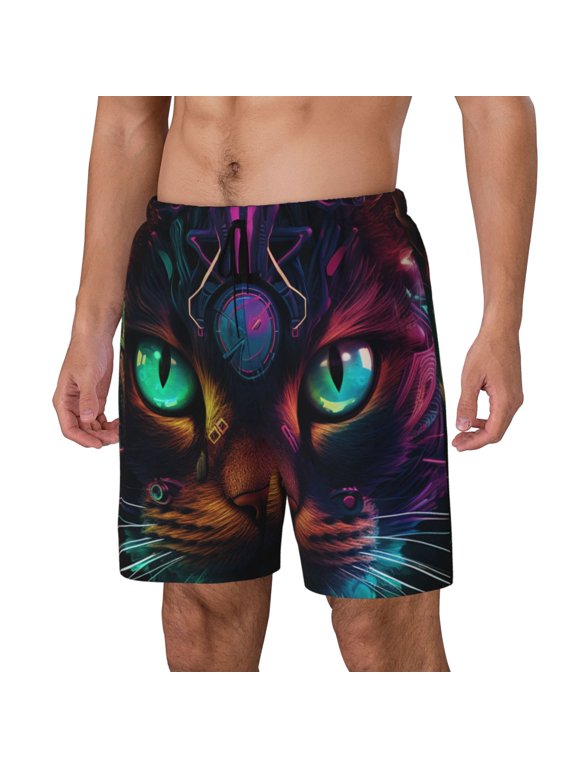 Futuristic Cat Warrior Print Men's Swim Shorts,Quick-Dry Double-Layer Swim Trunks,Board Trunks,Beach Shorts Swimwear Bathing Suits-3X-Large
