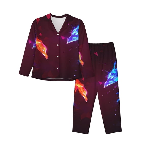 Fuzoiu Futuristic Red And Blue Bird Print Women's Long-Sleeved Pajama,Lounge Button Down Nightwear,Womens Notch Collar Pajama Set-X-Large