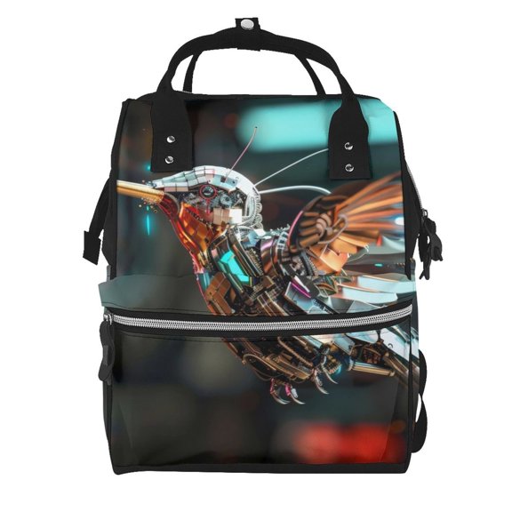 Fuzoiu Futuristic Robot Hummingbird Print Diaper Bag Backpack,Baby Essentials Travel Tote,Multi function Waterproof Diaper Bag, Travel Essentials Baby Bag - Unisex