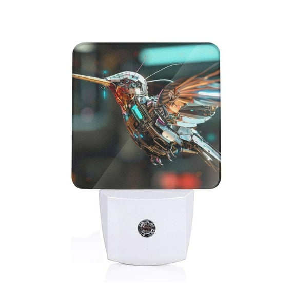 Fuzoiu Futuristic Robot Hummingbird Print Dusk to Dawn LED Night Light with Light Sensor, Energy-Efficient Touch-Safe Night Lamp for Home, Office, and Kids' Rooms-EU