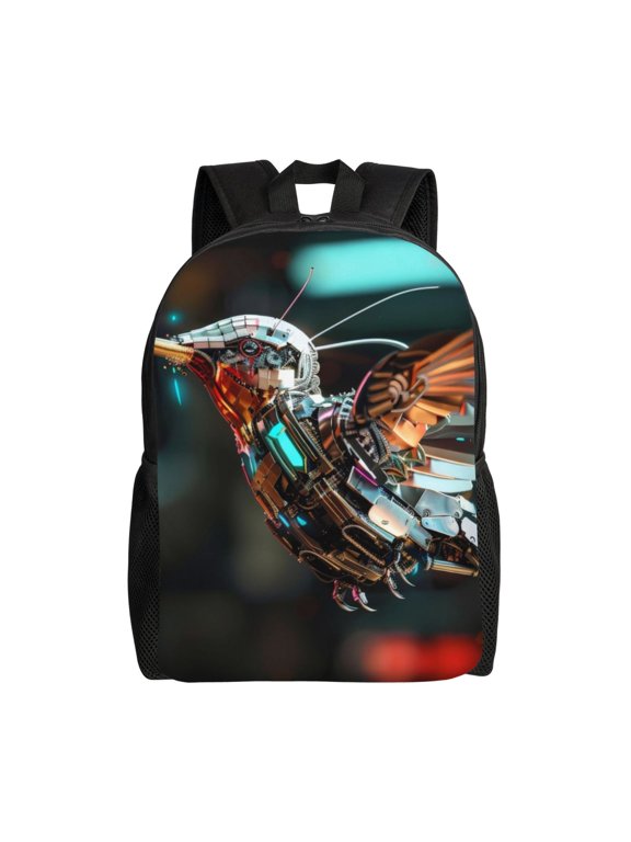 Futuristic Robot Hummingbird Print Laptop Backpack,Work Business Backpacks, Large Capacity Nurse Bag College Bookbag for School, Waterproof Casual Daypack for Travel