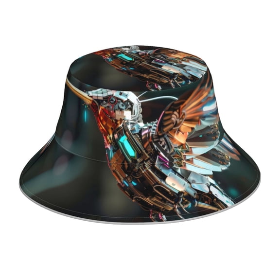 Fuzoiu Futuristic Robot Hummingbird Print Reflective Bucket Hat,Outdoor Hat for Men and Women,Bucket Hat for Travel Fishing Hunting Summer Camp