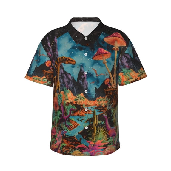 Fuzoiu Galactic Jungle Dinosaurs Print Hawaiian Shirt for Men, Summer Beach Casual Short Sleeve Button Down Shirts, Men’s Beach Summer Shirts with Pocket,Small