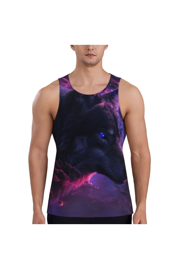 Galactic Wolf Stare Print Men's Workout Tank Tops,Sleeveless Gym Shirt Quick Dry,Fitness Bodybuilding T-Shirt,Muscle Athletic Workout Tee-Small