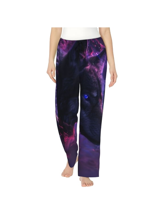 Galactic Wolf Stare Print Women's Pajama Pants,Lounge Pants with Drawstring and Pockets, Casual Pjs Sleep Bottoms, Women's Sleep Pants-Small