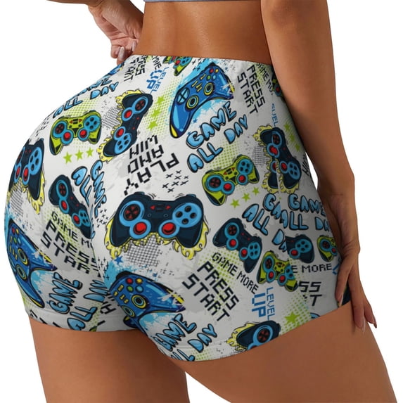 Fuzoiu Game All Day Print Women's Workout Shorts,Workout Biker Shorts Women,Exercise Fitness Shorts,Scrunch Short, Athletic Shorts for Gym Yoga Running Sport Active-Large