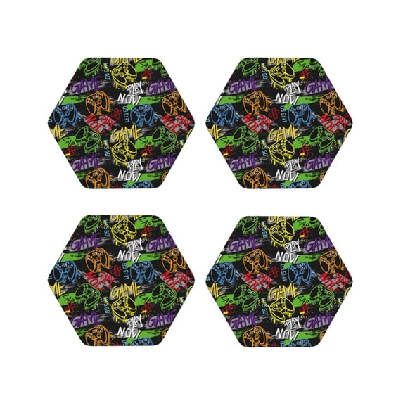 Fuzoiu Game Joysticks Print Leather Coasters Set,Drink Coasters Set of 4,for Tabletop Protection, Durable PVC Coasters,Home Décor and Housewarming Gift-Hexagon
