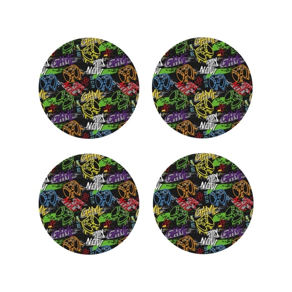 Fuzoiu Game Joysticks Print Leather Coasters Set,Drink Coasters Set of 4,for Tabletop Protection, Durable PVC Coasters,Home Décor and Housewarming Gift-Round Shape
