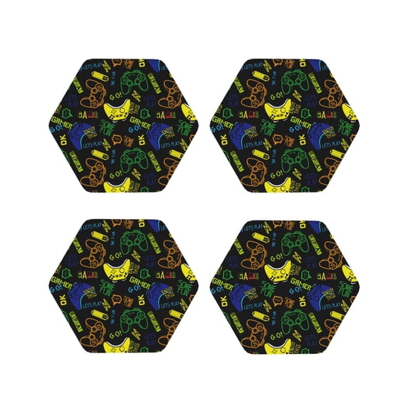 Fuzoiu Game Play Print Leather Coasters Set,Drink Coasters Set of 4,for Tabletop Protection, Durable PVC Coasters,Home Décor and Housewarming Gift-Hexagon