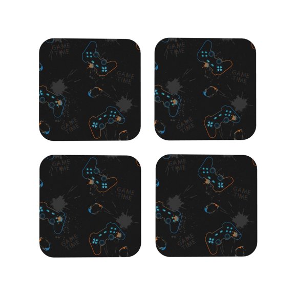 Fuzoiu Game Time Print Leather Coasters Set,Drink Coasters Set of 4,for Tabletop Protection, Durable PVC Coasters,Home Décor and Housewarming Gift-Square