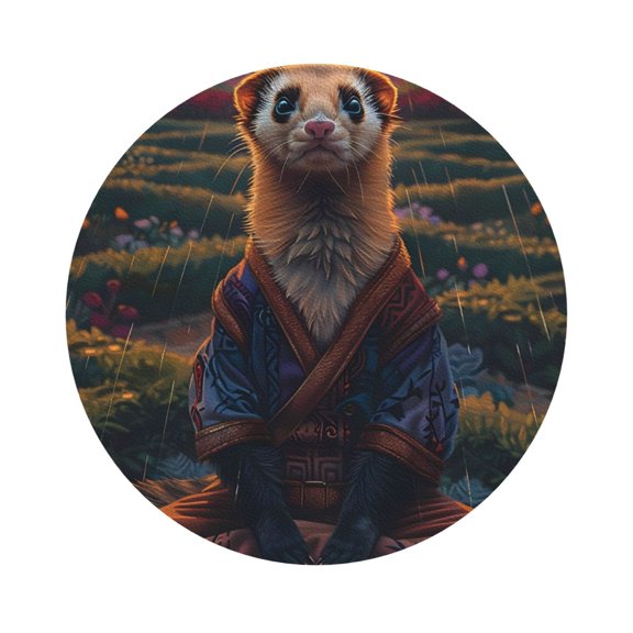 Fuzoiu Garden Meditating Weasel Print Leather Coasters Set,Drink Coasters Set of 6,for Tabletop Protection, Durable PVC Coasters,Home Décor and Housewarming Gift,Round Shape