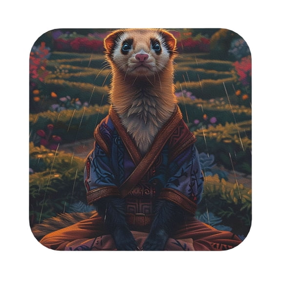 Fuzoiu Garden Meditating Weasel Print Leather Coasters Set,Drink Coasters Set of 6,for Tabletop Protection, Durable PVC Coasters,Home Décor and Housewarming Gift,Square