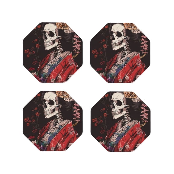 Fuzoiu Geisha Skeleton With Flowers Print Leather Coasters Set,Drink Coasters Set of 4,for Tabletop Protection, Durable PVC Coasters,Home Dcor and Housewarming Gift-Octagon