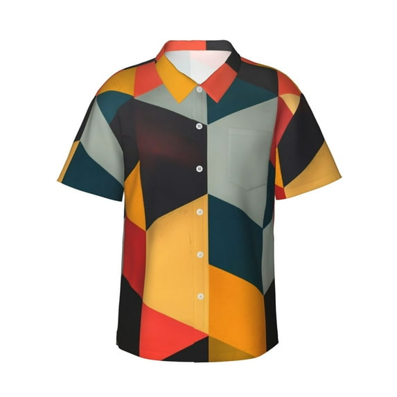 Fuzoiu Geometric Cube Pattern Art Print Hawaiian Shirt for Men, Summer Beach Casual Short Sleeve Button Down Shirts, Men’s Beach Summer Shirts with Pocket,3X-Large