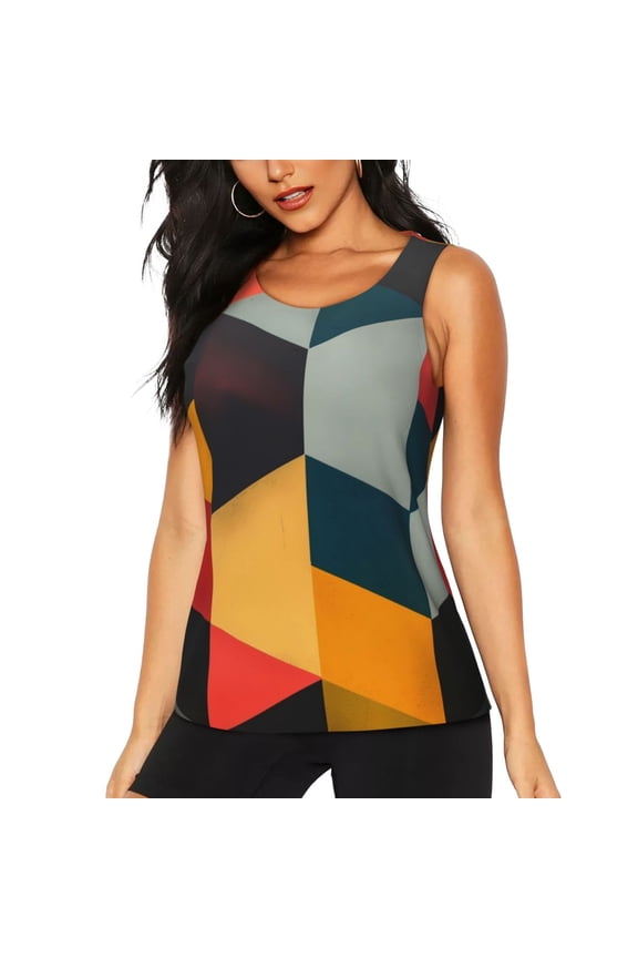Geometric Cube Pattern Art Print Women's Workout Tank Top,Athletic Racerback Sports Tank,Tops Sleeveless Running Loose Fit Yoga Tops,Active Shirts for Yoga, Running, and Gym-Small