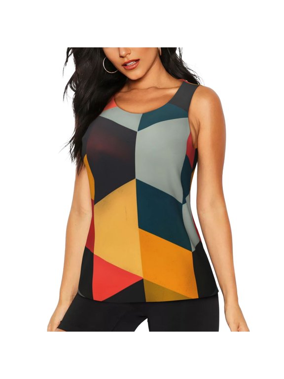 Geometric Cube Pattern Art Print Women's Workout Tank Top,Athletic Racerback Sports Tank,Tops Sleeveless Running Loose Fit Yoga Tops,Active Shirts for Yoga, Running, and Gym-Small