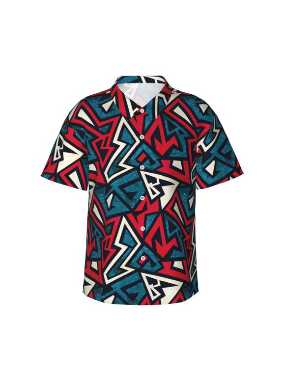 Geometric Elements Print Hawaiian Shirt for Men, Summer Beach Casual Short Sleeve Button Down Shirts, Mens Beach Summer Shirts with Pocket,3X-Large