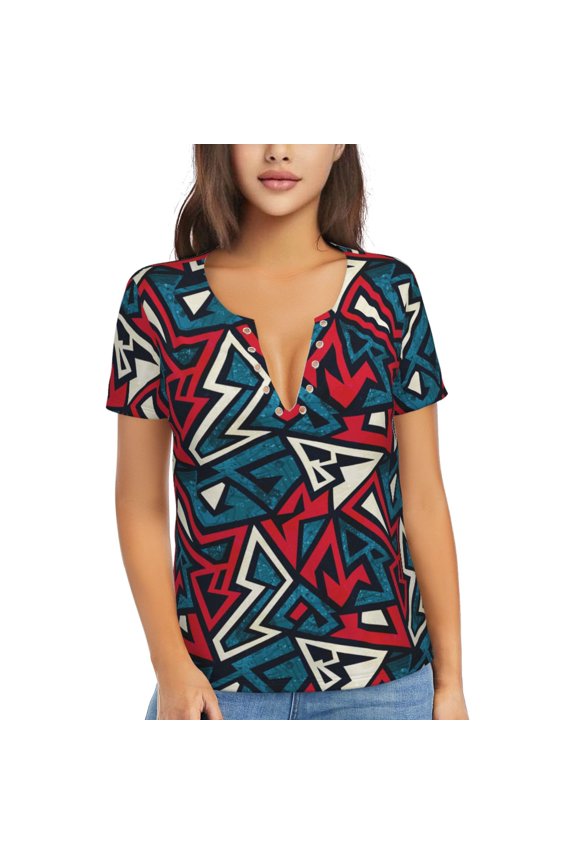 Geometric Elements Print Women's V-Neck T-Shirt,Women's Short Sleeve Top, Comfortable for Work, Leisure, and Sports