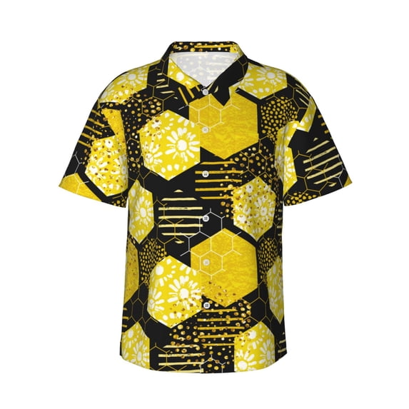 Fuzoiu Geometric Pattern with Bee Print Hawaiian Shirt for Men, Summer Beach Casual Short Sleeve Button Down Shirts, Men’s Beach Summer Shirts with Pocket,3X-Large