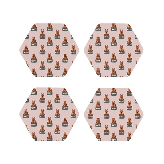 Fuzoiu German Shepherd Dog Print Leather Coasters Set,Drink Coasters Set of 4,for Tabletop Protection, Durable PVC Coasters,Home Décor and Housewarming Gift-Hexagon