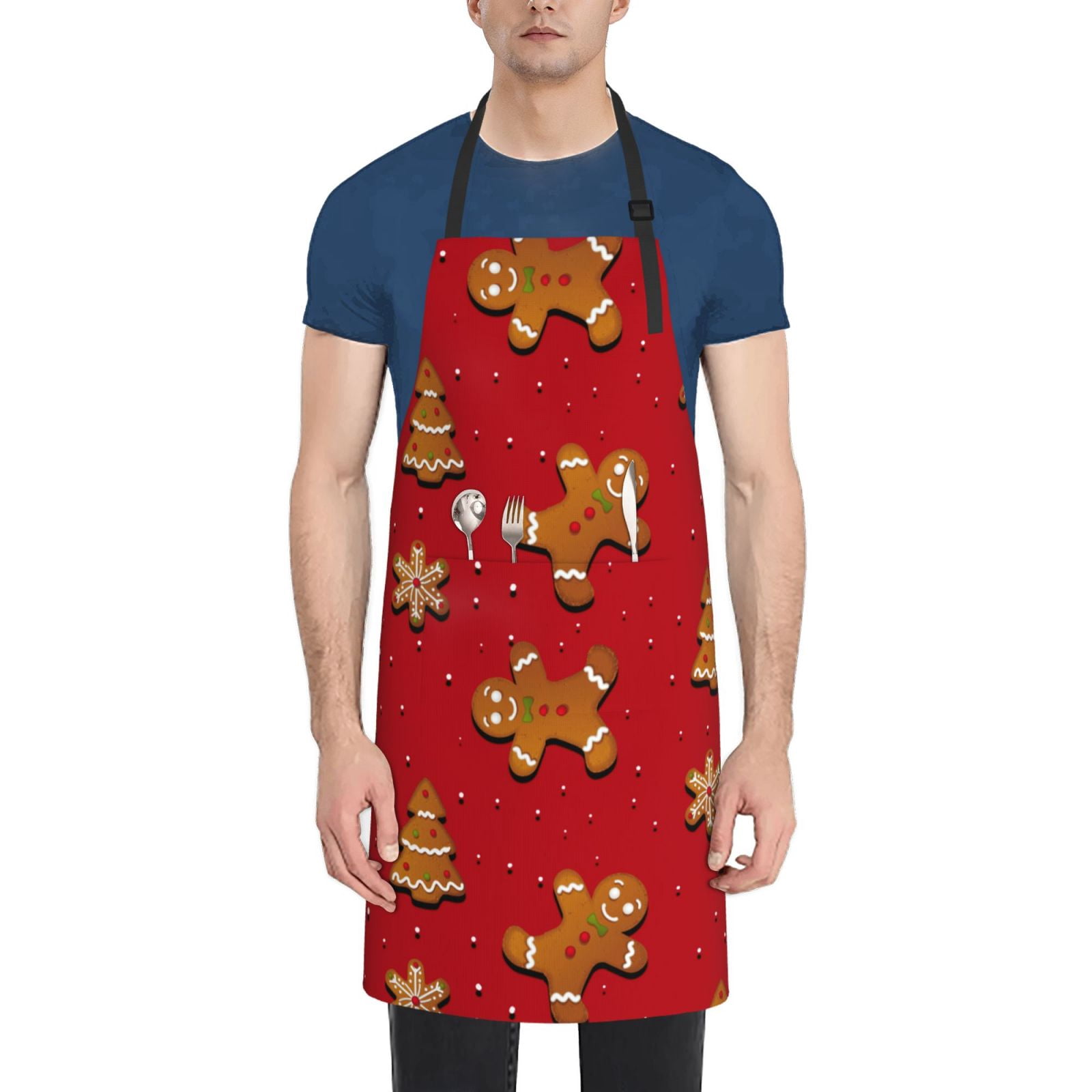 Fuzoiu Gingerbread Man Print Adjustable Waterproof Apron with Pockets,Waterproof Apron for Cooking, Gardening, and Art Projects