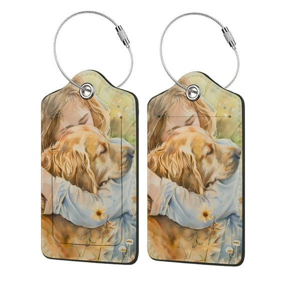 Fuzoiu Girl Hugging Dog Flowers Print Premium Leather Luggage Tag,Travel Accessory,Luggage Tag for Suitcase Baggage Handbag Travel Bag,Name Card & Privacy Cover-4 PCS