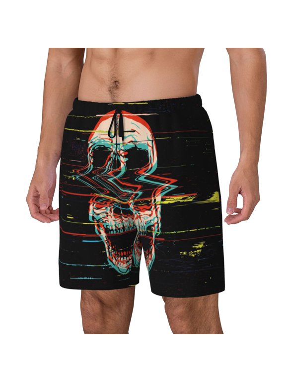 Glitch Screaming Skull Print Men's Swim Shorts,Quick-Dry Double-Layer Swim Trunks,Board Trunks,Beach Shorts Swimwear Bathing Suits-Large