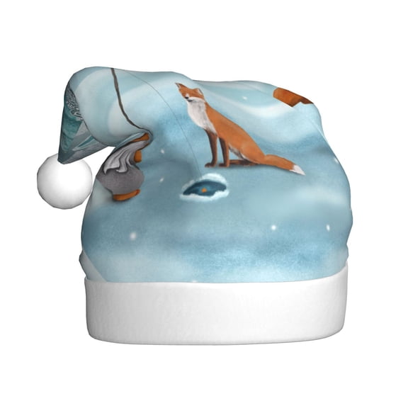 Fuzoiu Gnome And Red Fox Fishing Print Santa Hat Christmas Hat for Adults,Santa Hats with Pompom, Unisex Xmas Holiday Hat for Christmas New Year Festive Party Supplies