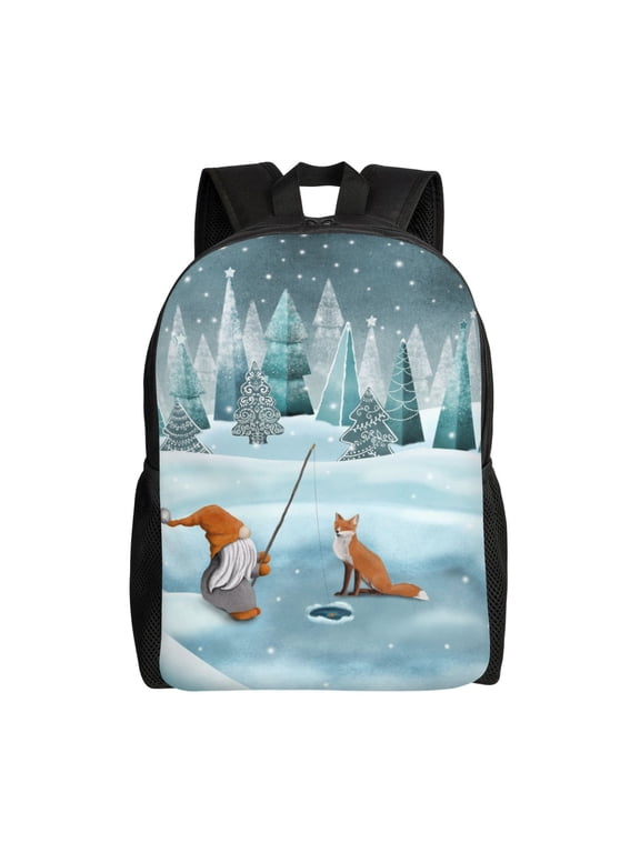 Gnome And Red Fox Fishing Print Laptop Backpack,Work Business Backpacks, Large Capacity Nurse Bag College Bookbag for School, Waterproof Casual Daypack for Travel