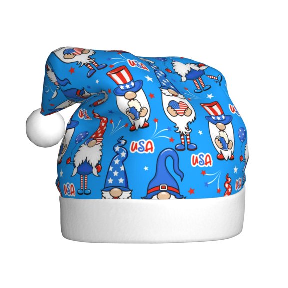 Fuzoiu Gnomes in USA Print Santa Hat Christmas Hat for Adults,Santa Hats with Pompom, Unisex Xmas Holiday Hat for Christmas New Year Festive Party Supplies