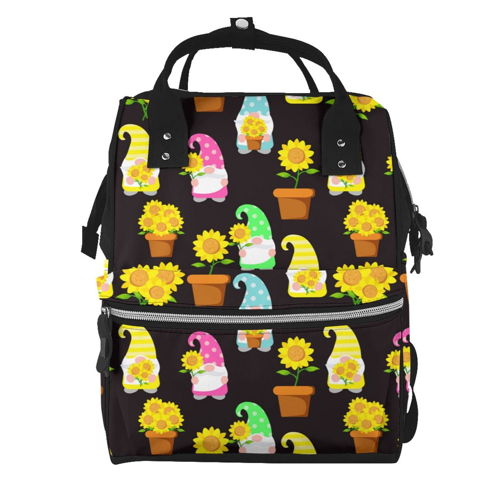 Fuzoiu Gnomes With Sunflowers Print Diaper Bag Backpack,Baby Essentials Travel Tote,Multi function Waterproof Diaper Bag, Travel Essentials Baby Bag - Unisex