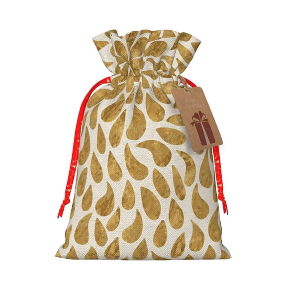 Fuzoiu Gold Drops Print Christmas Gift Bag,Burlap Gift Bag with Drawstring Closure & Hang Tag,Perfect for Holidays, Birthdays, and Special Occasions-Medium
