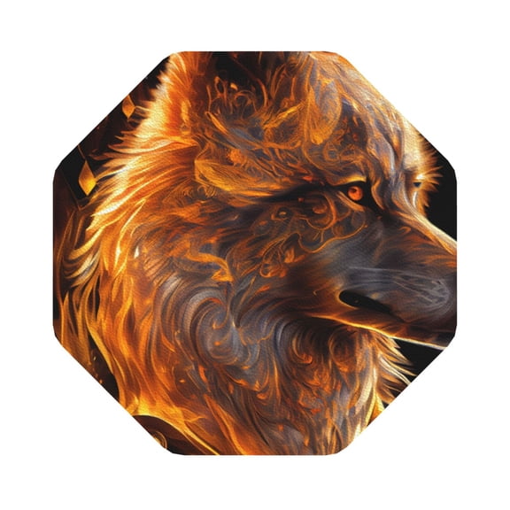 Fuzoiu Gold Flame Pattern Wolf Print Leather Coasters Set,Drink Coasters Set of 6,for Tabletop Protection, Durable PVC Coasters,Home Décor and Housewarming Gift,Octagon